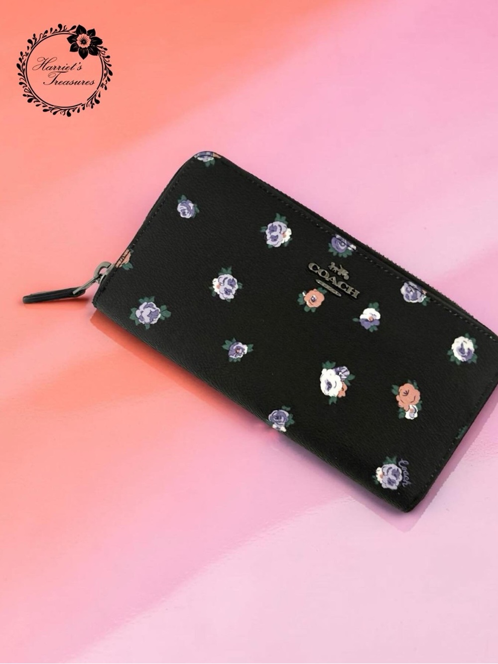 Coach Black Floral Zip-Around Wallet with Pastel Blooms